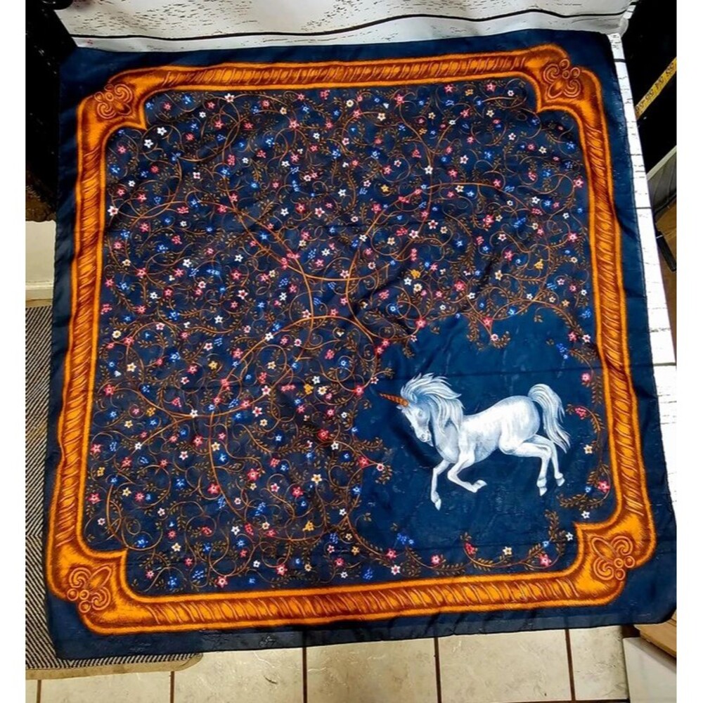 Unicorn Floral Scarf 30” Square Navy Gold Equestrian Baroque Fantasy